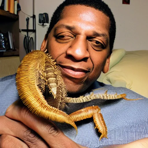 Image similar to john coltrane snuggling a giant mealworm