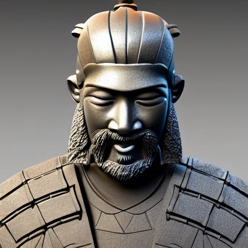 Image similar to japanese samurai stone sculpture, highly detailed, photorealistic portrait, bright studio setting, studio lighting, crisp quality and light reflections, unreal engine 5 quality render