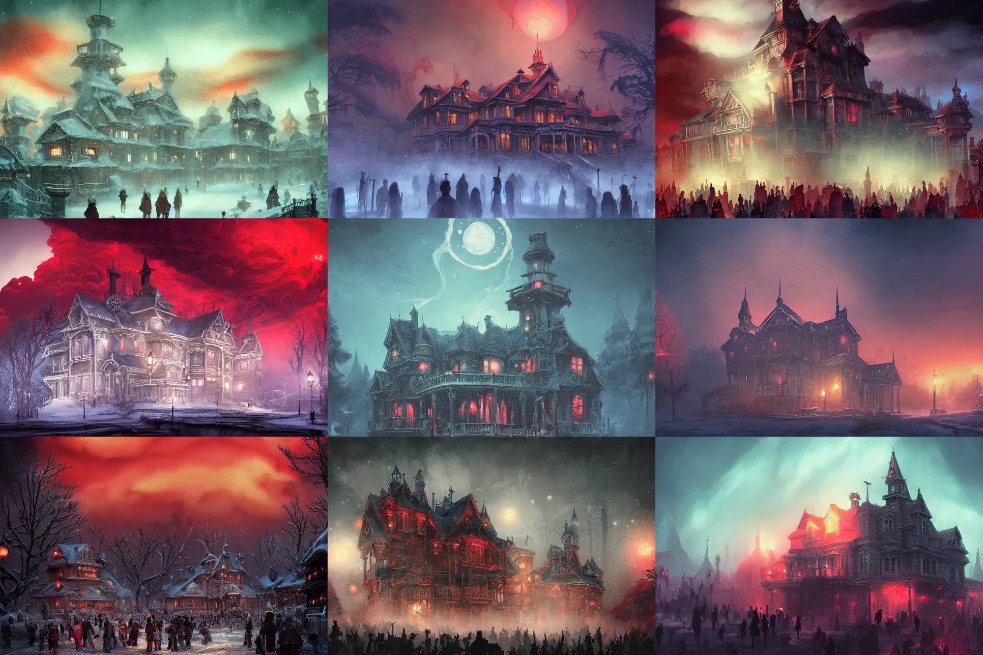 Prompt: crowd of people, haunted mansion, red clouds, white snow, steampunk!!!! grainy texture, infographic with illustrations, glowing lights, epic fantasy, colorfully, digital art, highly saturated colors, concept art, detailed illustration, hd, 4 k, digital art, greg rutkowski, dan mumford, studio ghibli trending on artstation