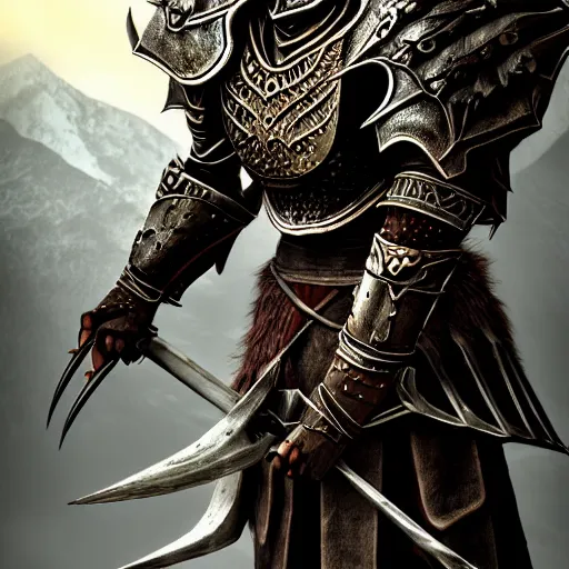 Prompt: full body of a warrior with daedric armor, skyrim ,fantasy, D&D, HDR, natural light, medium close shot, dynamic pose, award winning photograph, Mucha style