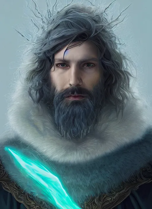 Prompt: Portrait of hexblade warlock aasimar, teal magic electricity, male, silver shaggy hair, short scruffy beard, cloak, white eyes, fantasy, extremely detailed, digital painting, artstation, concept art, smooth, sharp focus, illustration, stunning lighting, art by artgerm and greg rutkowski and alphonse mucha and simon stalenhag, realistic character concept, high fantasy, light atmosphere, golden ratio, cinematic lighting, hyperdetailed, high resolution, insanely detailed and intricate, artstation, Marc Simonetti, Greg Rutkowski