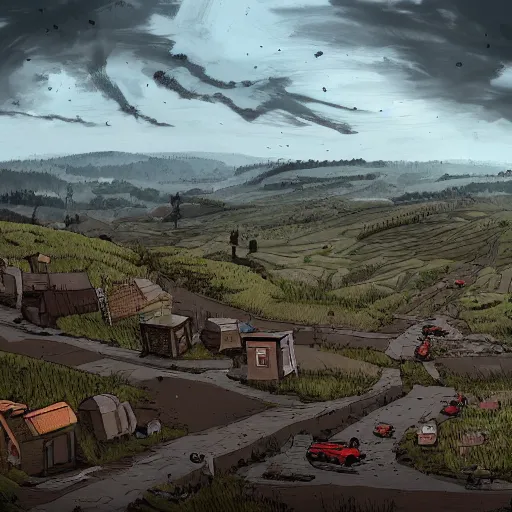 Prompt: A hilltop view of a small town in zombie apocalypse, apocalyptic artstyle, digital art, 4k