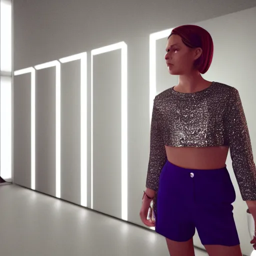 Image similar to a woman in a crop top and shorts, standing in a room with mirrors on every surface, reflections, shiny, highly detailed, 8k, octane render, hyperrealistic