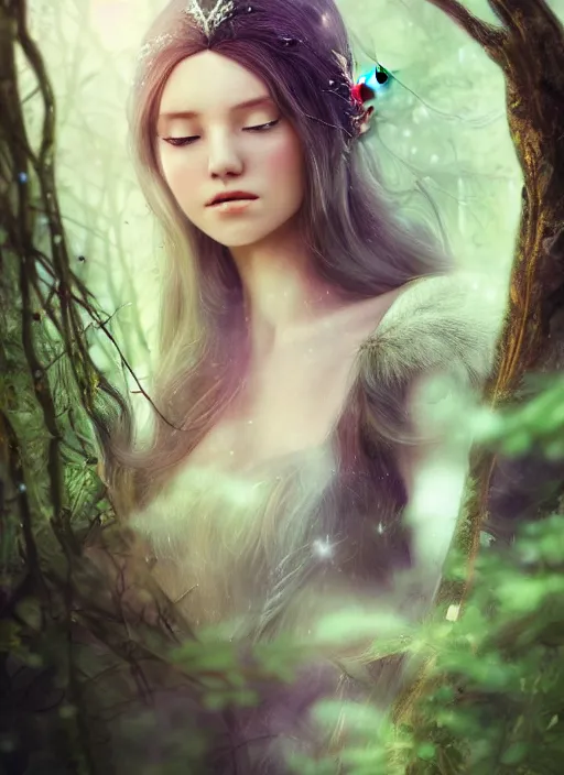 Image similar to beatiful ethereal elf princess in an enchanted forest, 3/4 side view, hair jewellery, fully clothed, light mist, light rays sieving through the trees, shallow depth of field, focus on the face, coherent composition, no watermark, by Yuumei, by Artgerm, by WLOP