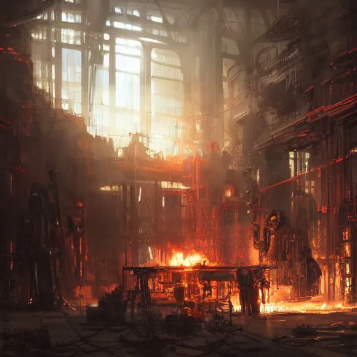 Image similar to adeptus mechanicus techpriest at a forge, by cedric peyravernay and feng zhu, highly detailed, excellent composition, cinematic concept art, dramatic lighting, trending on artstation