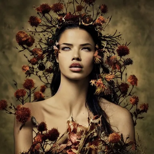 Prompt: fine art photo of adriana lima, she has a crown of dried flowers, by oleg oprisco