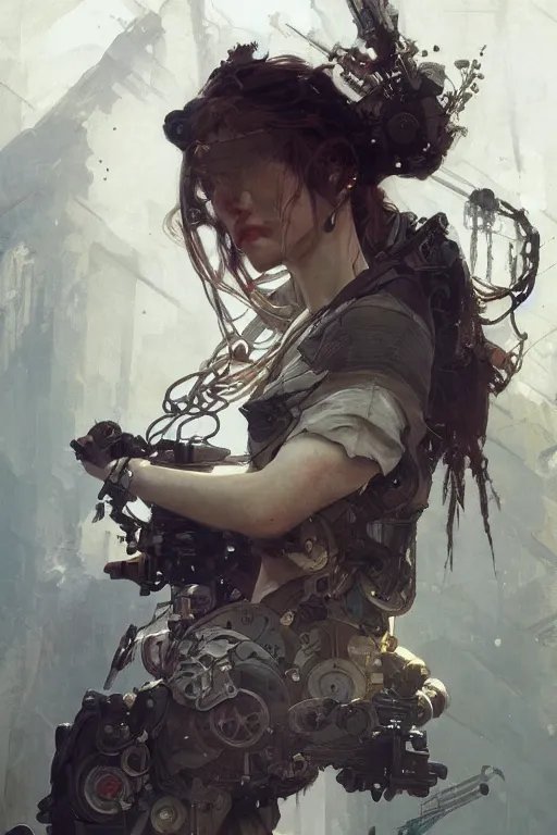 Prompt: A full portrait of a beautiful post apocalyptic offworld technothief, intricate, elegant, highly detailed, digital painting, artstation, concept art, smooth, sharp focus, illustration, art by Krenz Cushart and Artem Demura and alphonse mucha