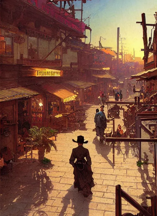 Image similar to beautiful scene commission of a bustling desert western town. Atmospheric. Renowned scene illustration by greg rutkowski, thomas kindkade, alphonse mucha, loish, norman rockwell. detailed, inked, western comic book art