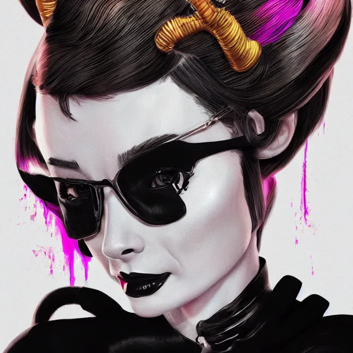 Image similar to portrait of Audrey Hepburn as a harley quinn. intricate abstract. intricate artwork. by Tooth Wu, wlop, beeple, dan mumford. octane render, trending on artstation, greg rutkowski very coherent symmetrical artwork. cinematic, hyper realism, high detail, octane render, 8k, iridescent accents