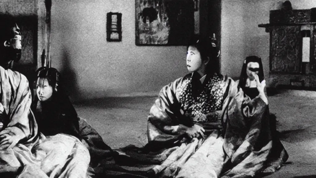 Image similar to shadow of a monstrous starfish behind a woman in hanbok sitting on a couch, traditional korean interior, in rashomon a kaiju - eiga monster movie by akira kurosawa and ishiro honda