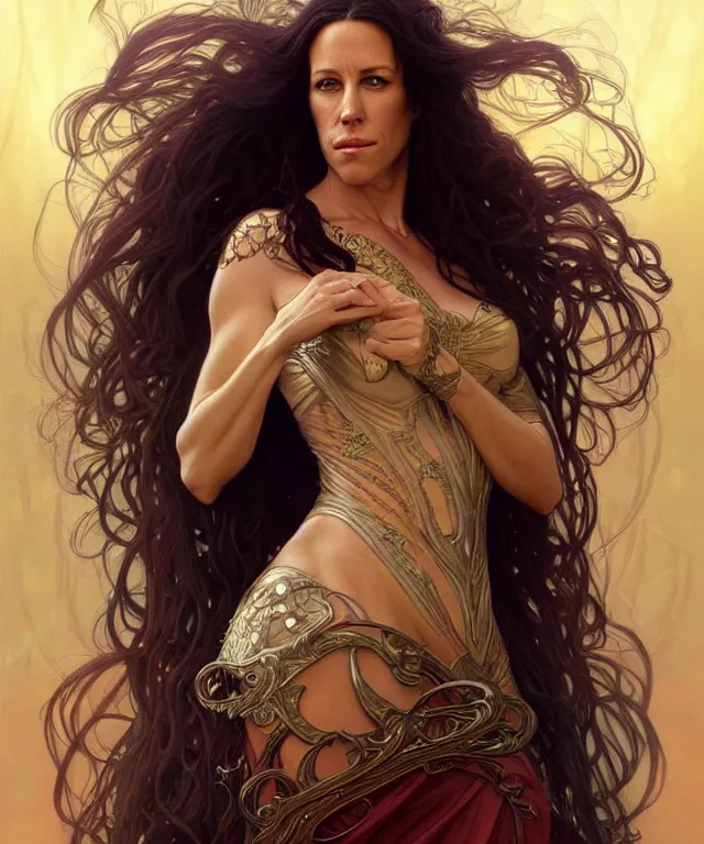 Prompt: Alanis Morissette as a fantasy magic woman portrait, sci-fi, amber eyes, face, long hair, fantasy, intricate, elegant, highly detailed, digital painting, artstation, concept art, smooth, sharp focus, illustration, art by artgerm and greg rutkowski and alphonse mucha