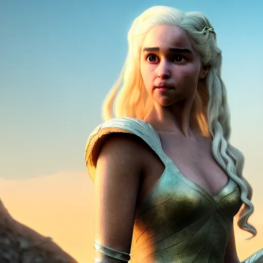 Image similar to Render of Daenerys Targaryen as a 3d Pixar character, golden hour, serene, mid-shot, medium shot, hyperdetailed, trending on Artstation, Unreal Engine 4k