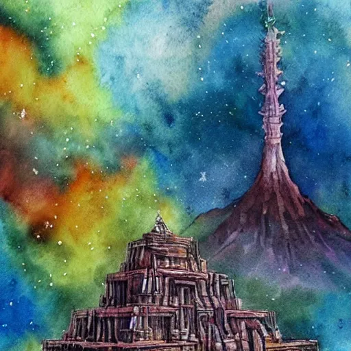 Image similar to grand dream cosmic temple where a man's soul goes to choose his next life, thick atmosphere, souls sprouting from the ground ,watercolor, epic shot