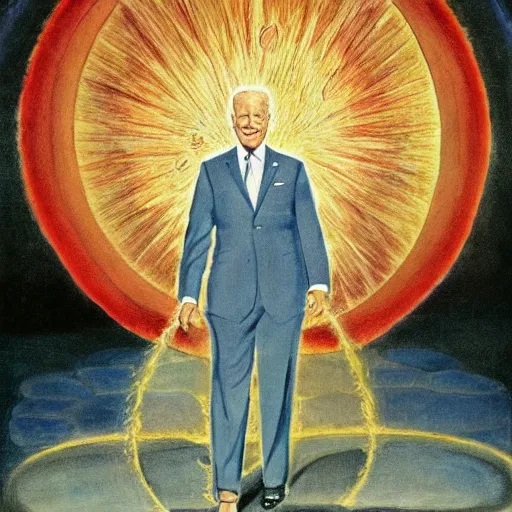 Image similar to joe biden as demiurge creating 1 9 5 0 s world, painting by william blake and jon mcnauhgton