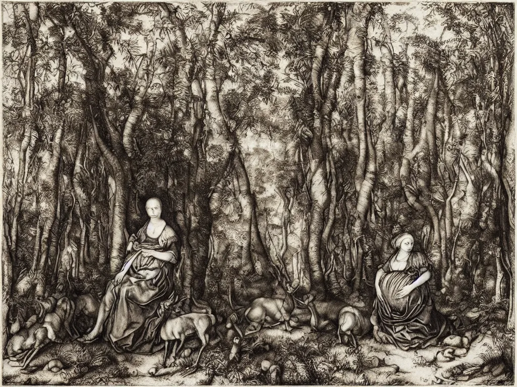 Prompt: portrait of a pregnant woman with deer in the forest. copper engraving by albrecht durer, august sander