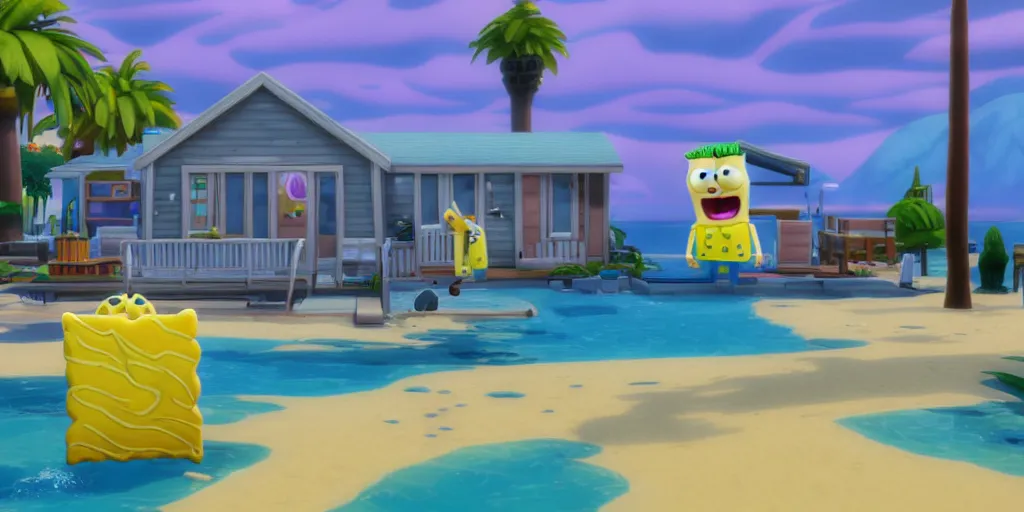 Image similar to SpongeBob stuck in sims 4. Octane render, 4k, 8k, unreal 5, very detailed, hyper realism, trending on artstation.