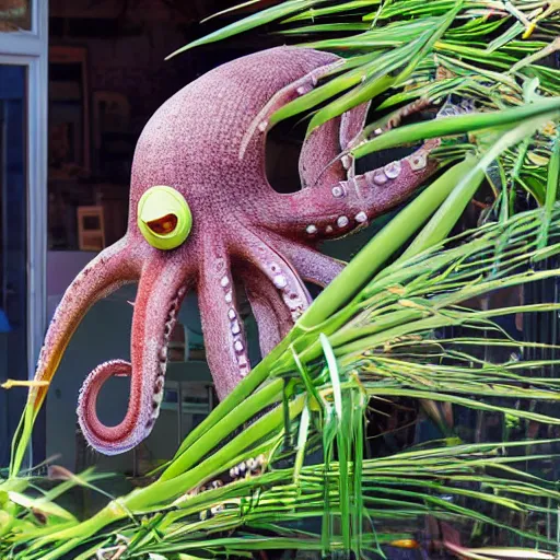 Image similar to an octopus wrapping his tentacles around a lucky bamboo plant outdoors in the sun