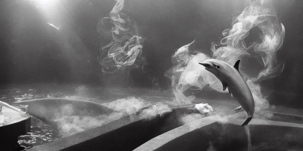 Image similar to an award winning photo of a respected Yakuza dolphin, in a steaming onsen, smoking a cigar and blowing smoke rings