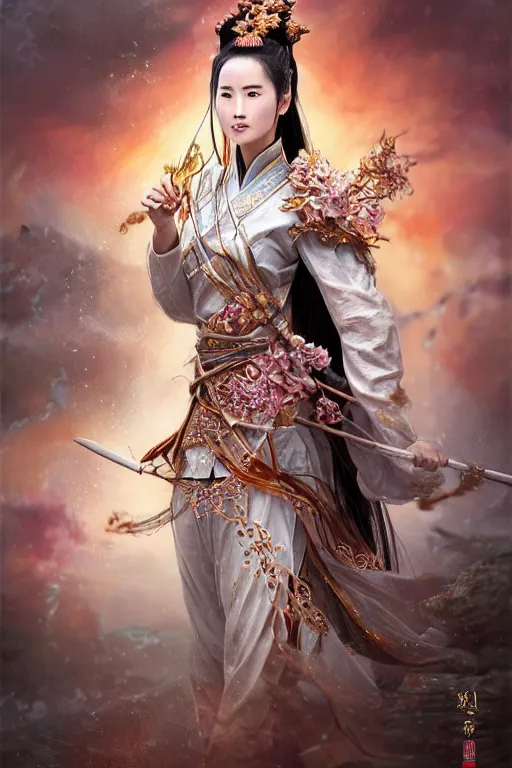 Prompt: beautiful ancient fantasy portrait of wuxia armored heroine, Liu Yifei, Zhao Lu Si wearing like Xian Xia wardrobe, in forbidden City, hybrid from Dynasty Warriror, flowers sea rainning everywhere, intricate, very very beautiful, elegant, highly detailed, digital painting, beautiful glowing galaxy eyes, human anatomy, hyperrealistic, soft light, dynamic, artstation, fantasy concept art, smooth, sharp focus, illustration, art by alphonse mucha and WLOP and tian zi