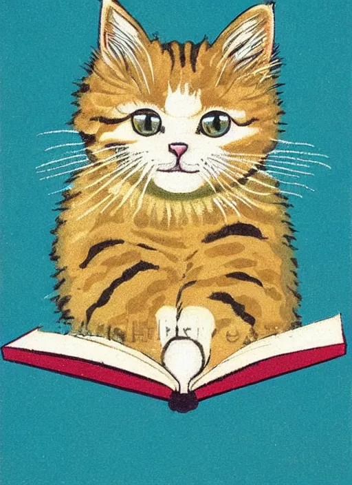 Prompt: an extreme close - up portrait of a cute fluffy cat reading in a scenic representation of mother nature and the meaning of life by billy childish, thick visible brush strokes, shadowy landscape painting in the background by beal gifford, vintage postcard illustration, minimalist cover art by mitchell hooks