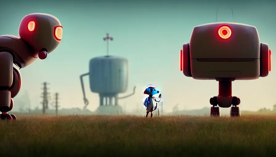 Image similar to tall cute robot with his best dog friend, by Simon Stalenhag, unreal engine, octane render, 8k, rule of thirds