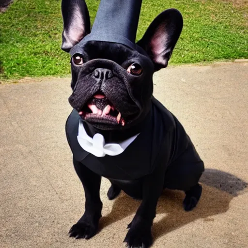 Image similar to black French Bulldog dressed as a chef