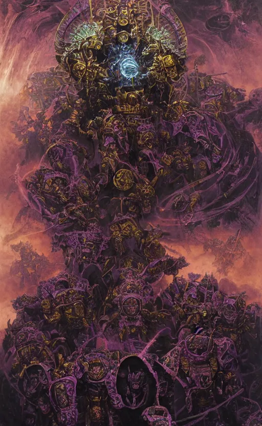 Prompt: epic omnious academic drawing of a heroic but corrupted wh40k heretic marine having his consciousness uploaded into iridescent warp by Slaanesh his Highness the chaotic androgynous deity in solemn golden and marble slaaneshite temple by James Gurney, Zdislaw Beksinski, Alex Gray, Greg Rutkowski, Robert McCall