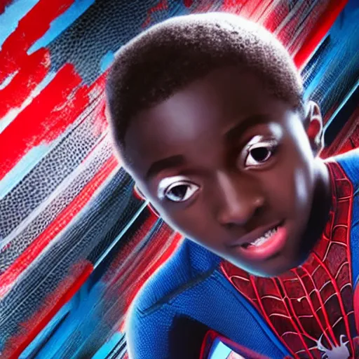 Image similar to Caleb McLaughlin as miles morales spiderman, 8k, super realistic, cinematic cinematography, marvel movie,