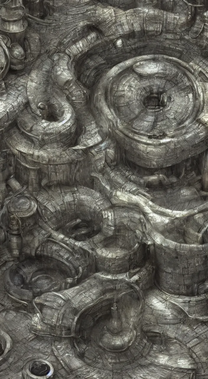 Image similar to a stream of water entering into a machine made from amphoras and producing a large coin, in the style of h r giger, futuristic, 3 d render, isometric, engineering, dynamic lighting.