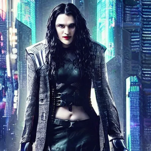 Image similar to Katie McGrath as Cyberpunk Morgana