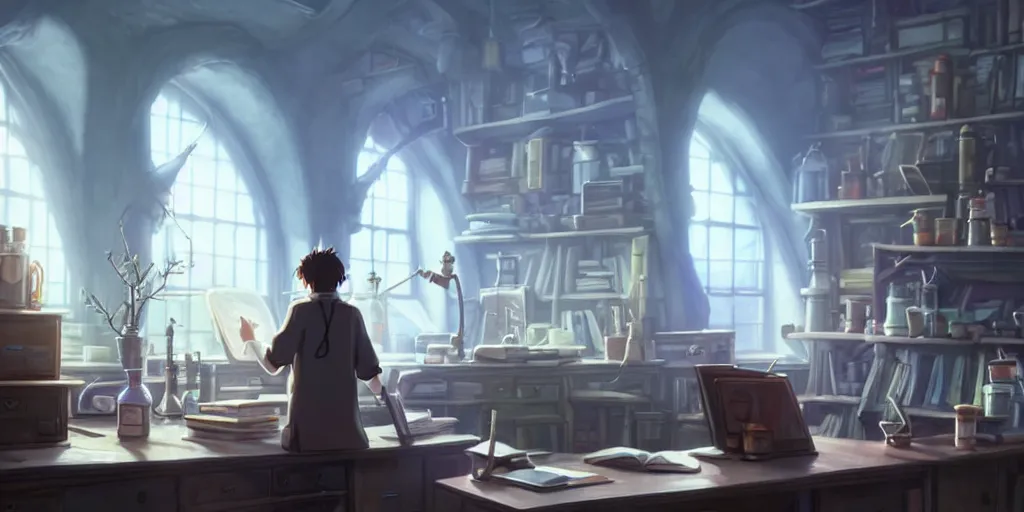 Prompt: a wizard with brown hair is standing at his desk working with jars of liquids, beakers of bubbling potions, coherent, medium shot, waist up, studio ghibli, pixar and disney animation, sharp, rendered in unreal engine 5, anime key art by greg rutkowski, bloom, dramatic lighting