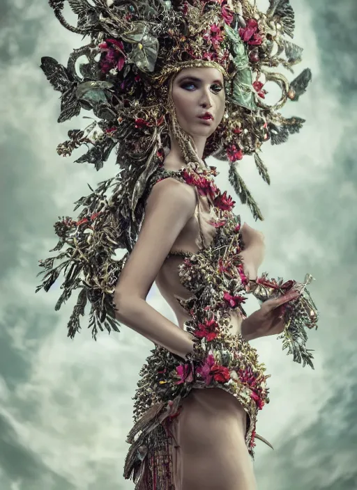 Image similar to full body environmental portrait photo of a goddess as angel, ornate headpiece made from flowers, ornaments, glamour shot by gemmy woud - binnendijk, chris knight, photorealistic, canon r 3, fashion photography, ornate, elegant, luxury and elite, symmetrical features, octane render, unreal engine, solid dark grey background, dramatic lights