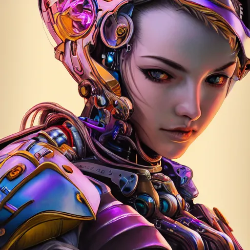 Image similar to studio portrait of lawful good colorful female holy mecha paladin absurdly beautiful, elegant, young sensual graceful woman, ultrafine hyperrealistic detailed face illustration by kim jung gi, irakli nadar, intricate linework, sharp focus, bright colors, matte, octopath traveler, final fantasy, unreal engine highly rendered, global illumination, radiant light, intricate environment