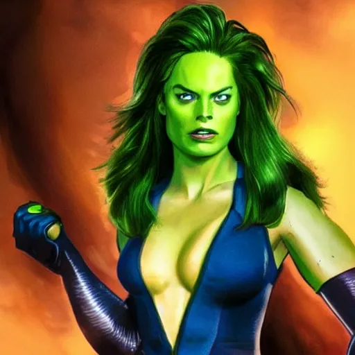 Prompt: Margot Robbie as She Hulk, realistic, detailed photo