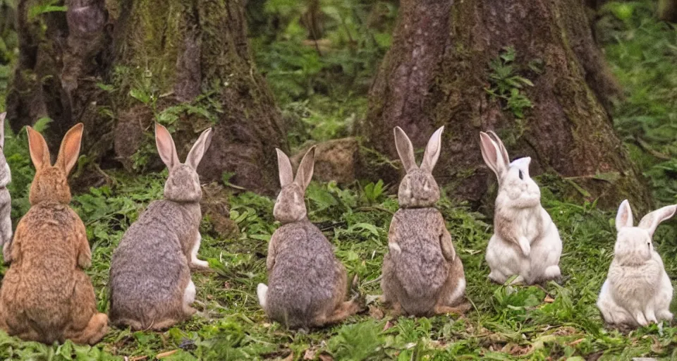 Image similar to A group of rabbits performing a shamanic ritual in a forest