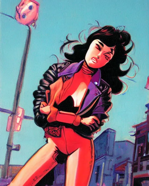 Image similar to young female protagonist in leather jacket, city street, artwork by ralph bakshi