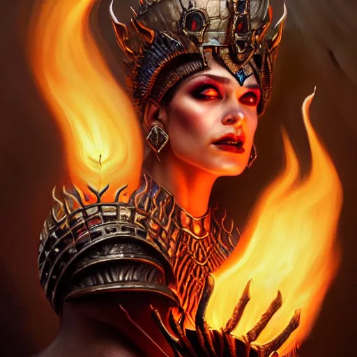 Image similar to Closeup of realistic Sumerian Death Queen with small bones covering vest and flowing fire and smoke , fantasy, intricate, elegant, highly detailed, digital painting, artstation, concept art, matte, sharp focus, illustration, hearthstone, art by Artgerm and Greg Rutkowski and peter mordenbacher