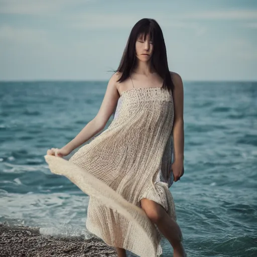 Image similar to image of Barbara genshin impact in a light dress against the sea, photorealistic, shooting 35mm, beautiful, photography, 4k, soft light, studio light