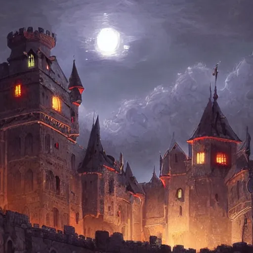 Image similar to a beautiful medieval castle at night, during a siege, in anime style highly detailed by Raphael Lacoste, greg rutkowski, makoto shinkai
