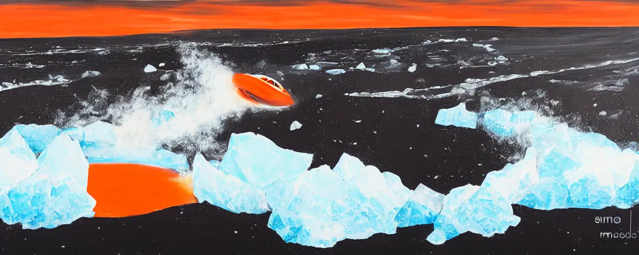 Image similar to painting of giant orange and white military spacecraft crashing into an endless black sand beach in iceland with icebergs in the distance, 2 8 mm, shockwave