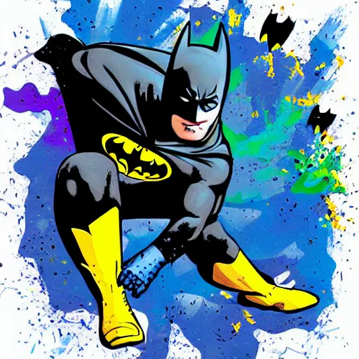 Image similar to batman breakdancing, splatter paint