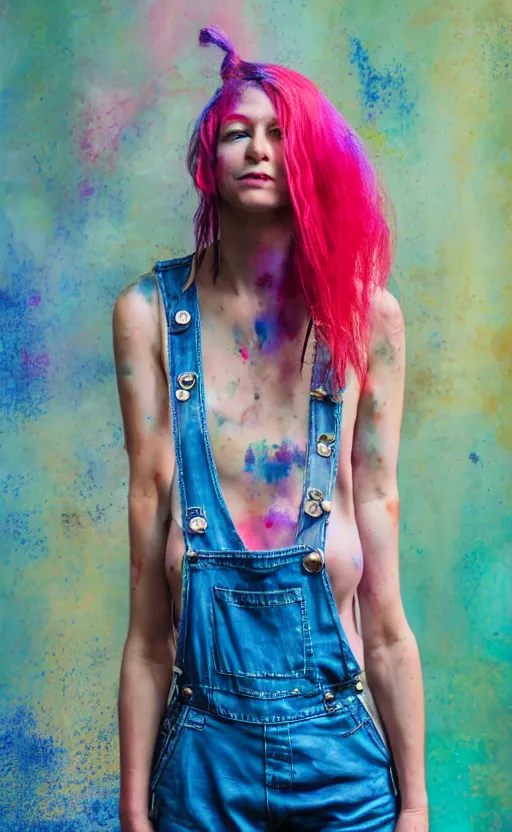 Prompt: grungy woman, rainbow hair, soft eyes and narrow chin, dainty figure, wet t-shirt, torn overalls, skimpy shorts, covered in paint, Sony a7R IV, symmetric balance, polarizing filter, Photolab, Lightroom, 4K, Dolby Vision, Photography Award