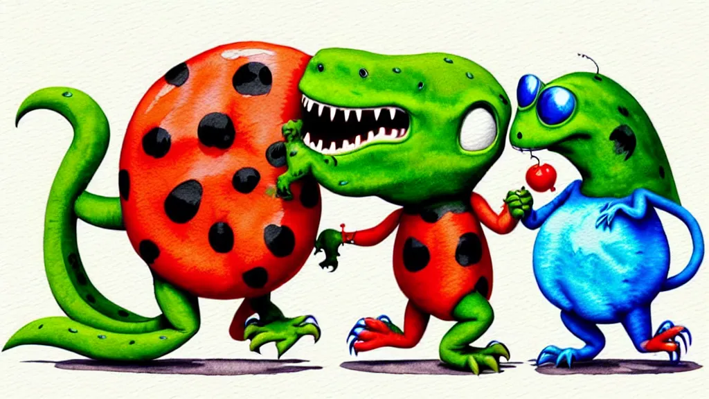 Image similar to cute and funny, t - rex wearing a t - shirt holding hands with a ladybug, autumn, ratfink style by ed roth, centered award winning watercolor pen illustration, isometric illustration by chihiro iwasaki, edited by range murata, tiny details by artgerm and watercolor girl, symmetrically isometrically centered