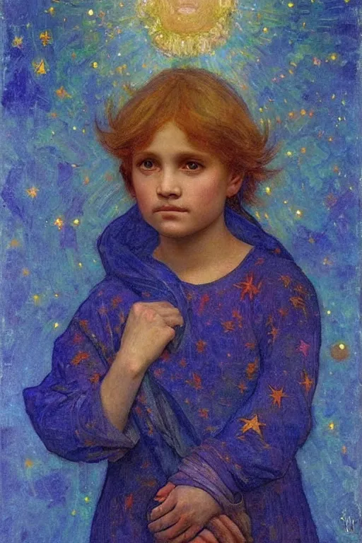 Prompt: the starry child, by Annie Swynnerton and Nicholas Roerich, elaborately costumed, rich color, dramatic cinematic lighting, smooth, sharp focus, extremely detailed