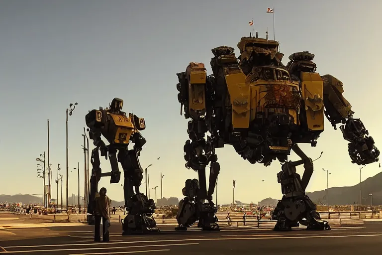 Image similar to cinematography of giant Mech on Santa Monica peer By Emmanuel Lubezki