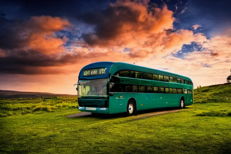 Image similar to A stunning landscape image of Hegra, bus ,dramatic lighting, emerald sky,