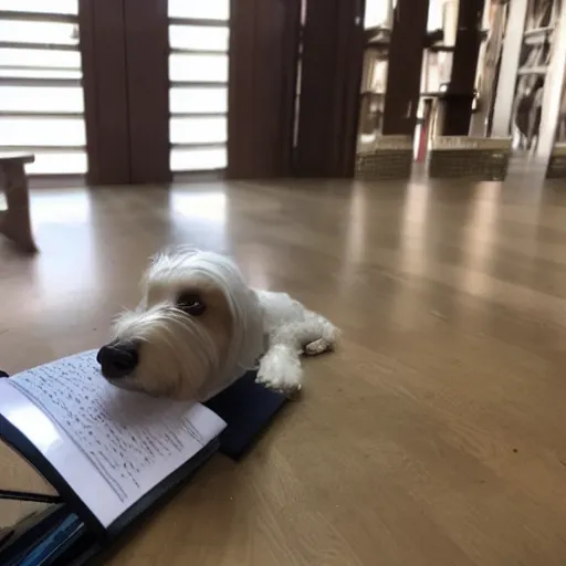 Image similar to a photo of a dog studying for an exam