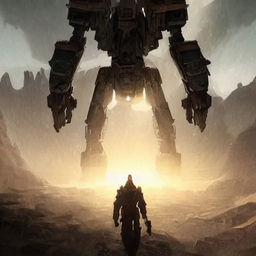 Image similar to epic portrait A mech giant robot walking around on a dead world, atmospheric, apocalyptic, rocky, digital painting, artstation, concept art, soft light, hdri, smooth, sharp focus, illustration, fantasy, intricate, elegant, highly detailed, D&D, matte painting, in the style of Greg Rutkowski and Alphonse Mucha and artemisia, 8k, highly detailed, jurgens, rutkowski, bouguereau, pastoral, rustic, georgic