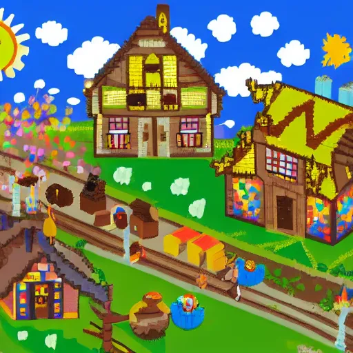 Prompt: sunny magical village with fairies and animals and plants and brewery and mill and giant sleeping next to it, pixel art