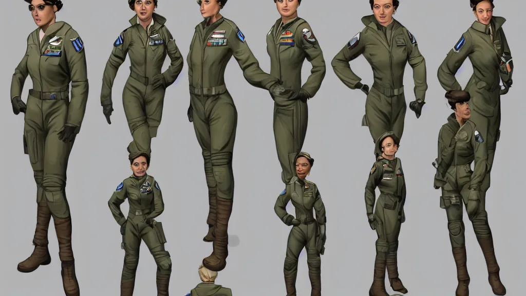 Image similar to a Character reference sheet of a military female pilot